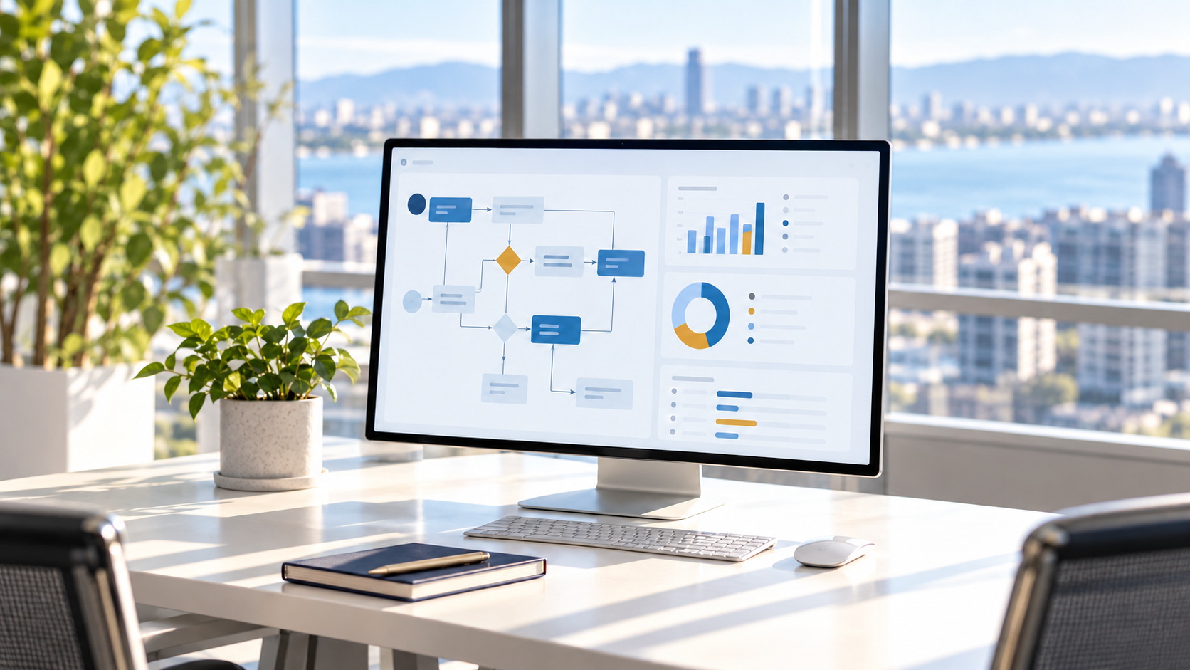 Pantalla con mapa de procesos y datos en una oficina