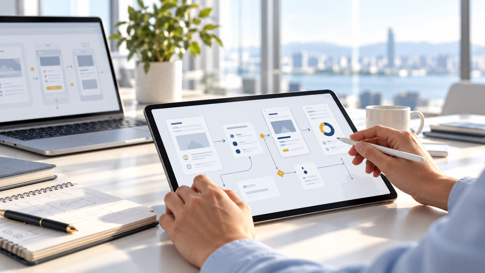 Manos diseñando una solución digital en una tableta
